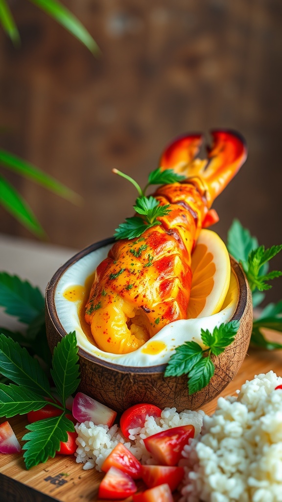Coconut Curry Grilled Lobster Tail served with garnishes and sides.