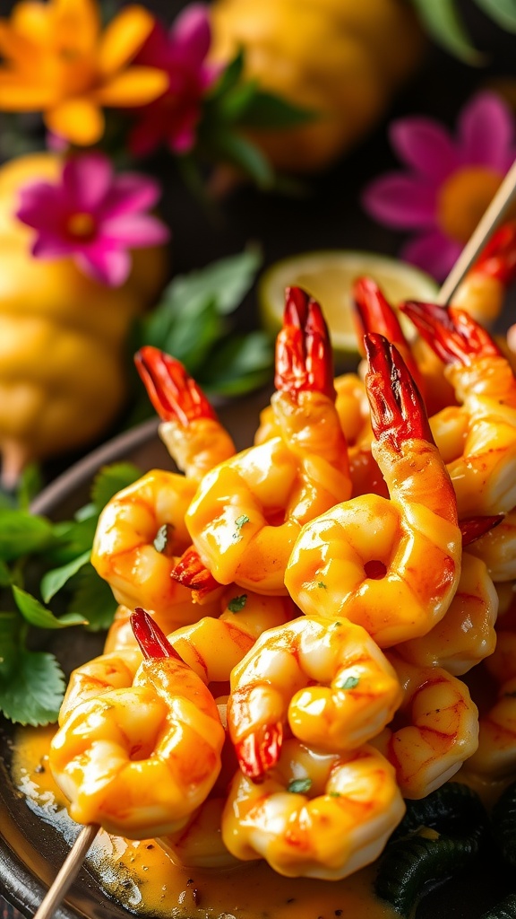 Delicious grilled shrimp skewers with a coconut curry glaze garnished with cilantro.