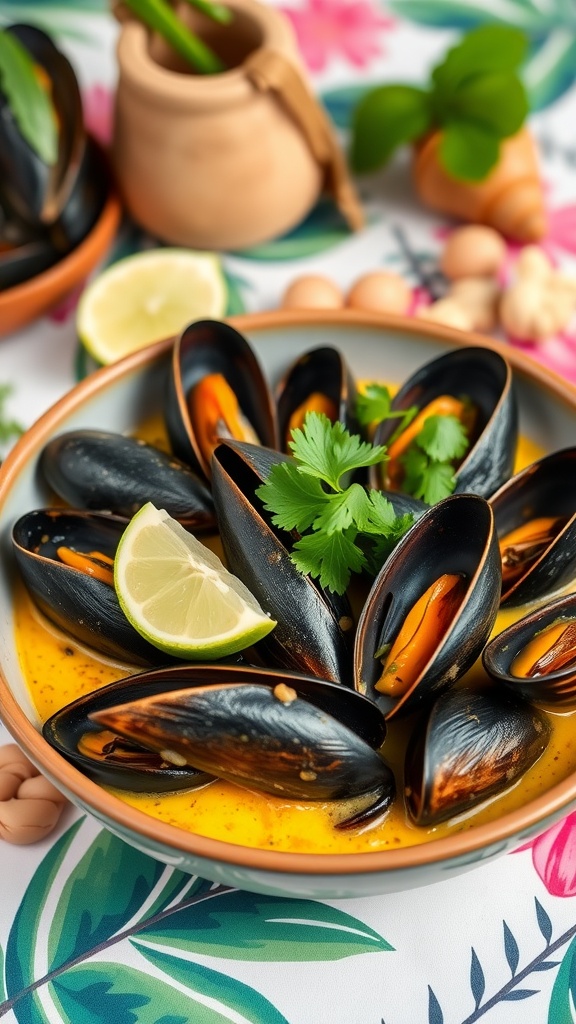 A bowl of coconut curry mussels garnished with cilantro and lime, served with fresh ingredients on the side.