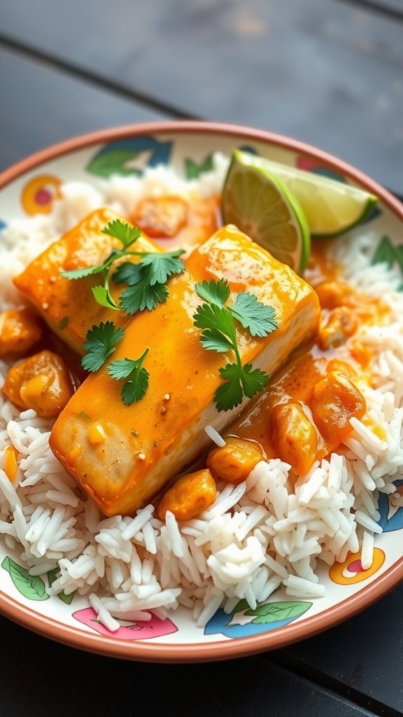 Coconut Curry Salmon served over jasmine rice with lime and cilantro