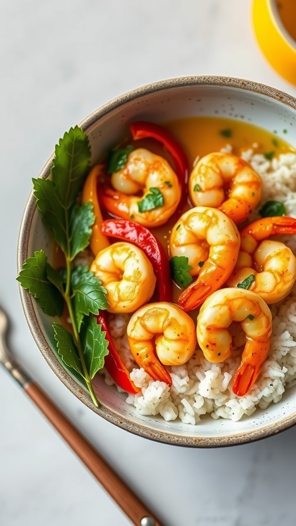 A bowl of coconut curry shrimp served with rice and colorful vegetables.