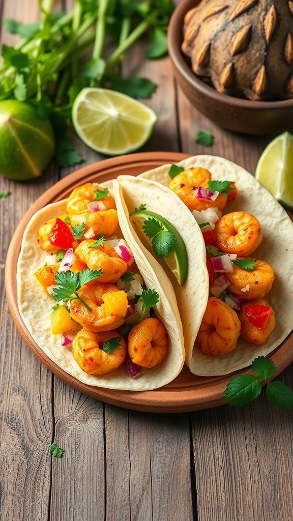 Plate of coconut curry shrimp tacos with fresh toppings