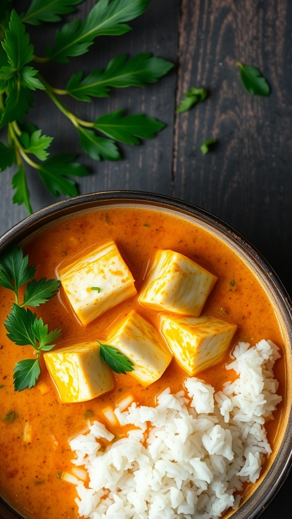 Bowl of coconut curry white fish with rice and herbs
