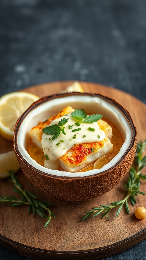 A bowl of baked cod topped with coconut-lime sauce and garnished with cilantro.
