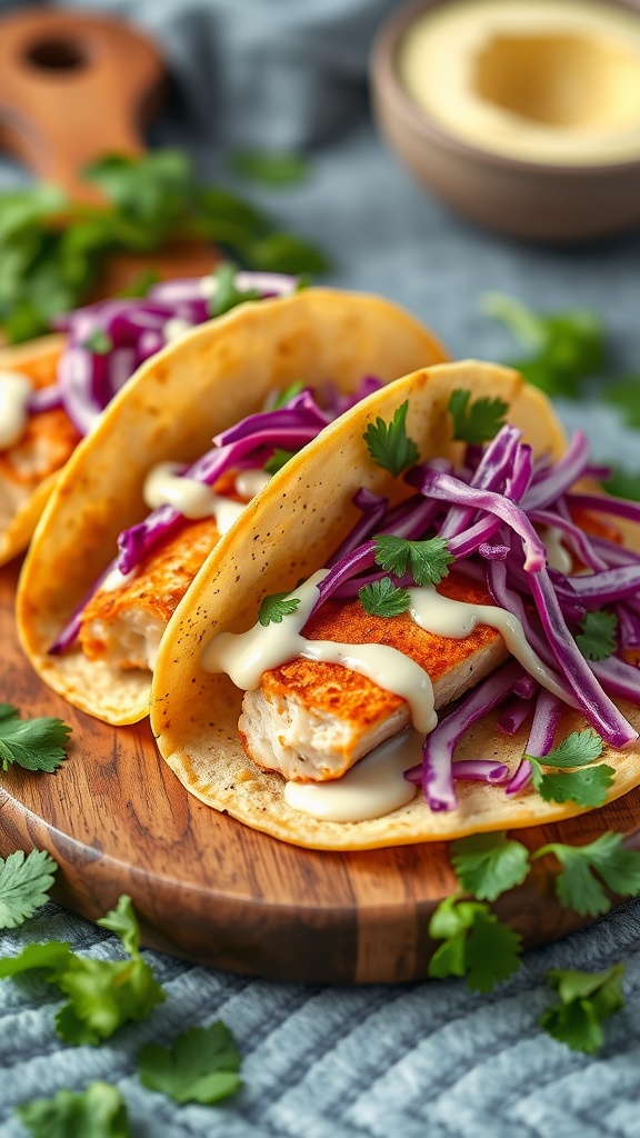 Delicious coconut lime fish tacos with red cabbage and cilantro on a wooden plate.