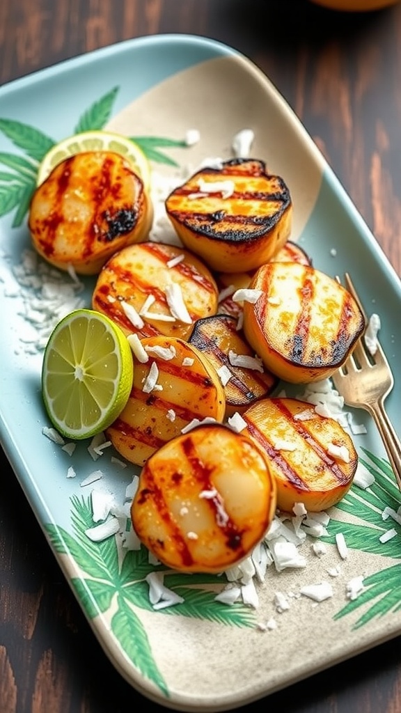 Coconut Lime Grilled Scallops on a plate with lime and toasted coconut.