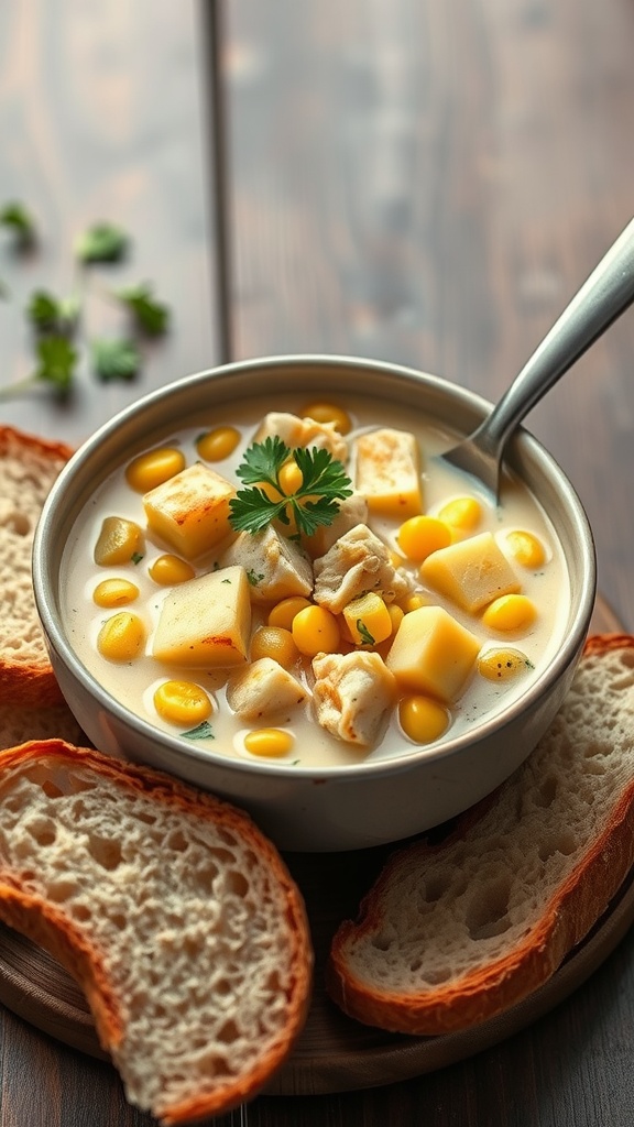 A bowl of creamy cod chowder with corn and potatoes, served with slices of crusty bread.