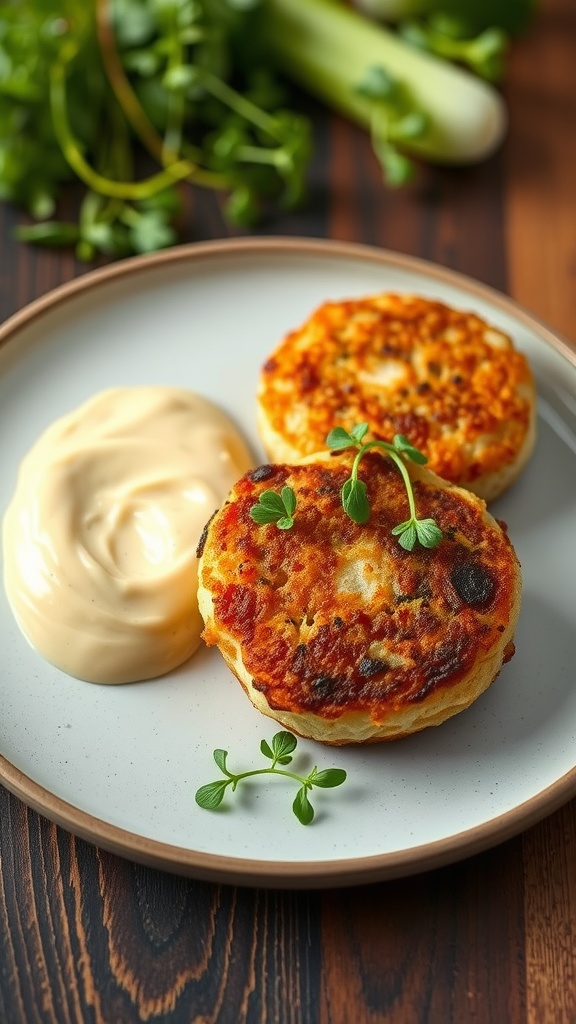 Delicious cod fish cakes served with creamy remoulade sauce