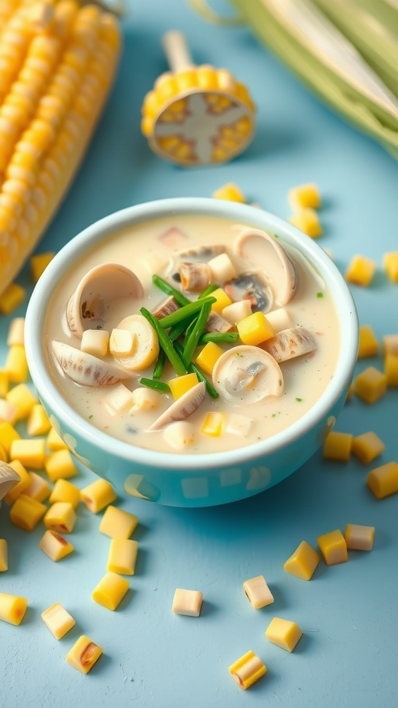 A bowl of corn and clam chowder with fresh corn and clams.