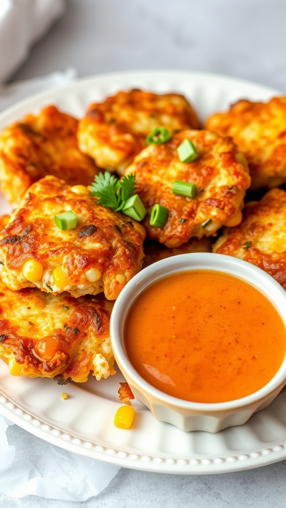 Delicious corn and crab fritters displayed on a wooden plate with a dipping sauce.