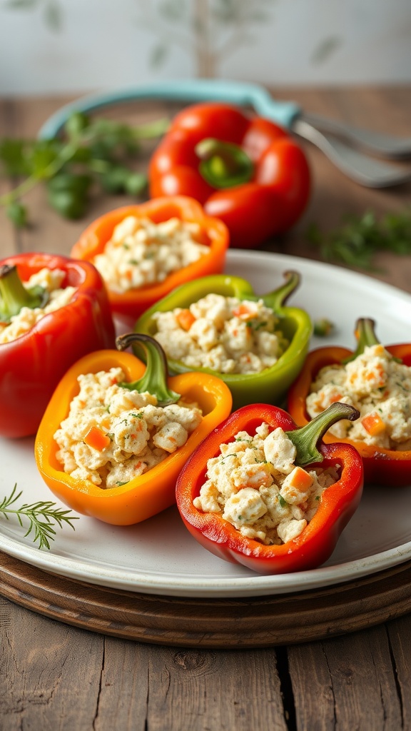 Colorful crab-stuffed bell peppers on a plate.