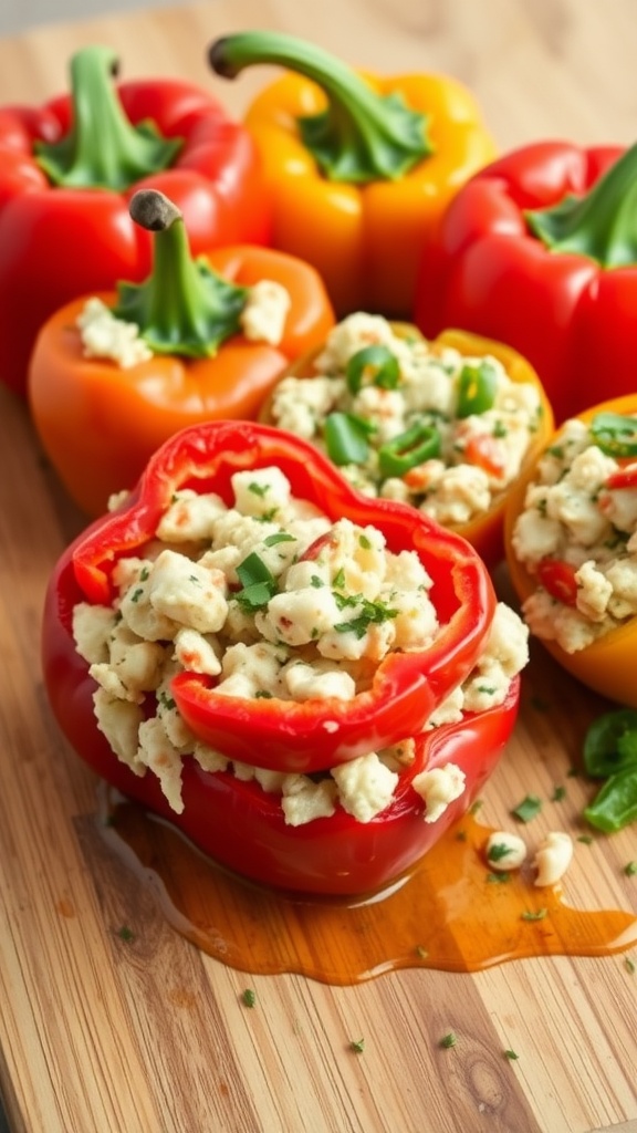 Colorful crab-stuffed bell peppers arranged on a wooden surface.