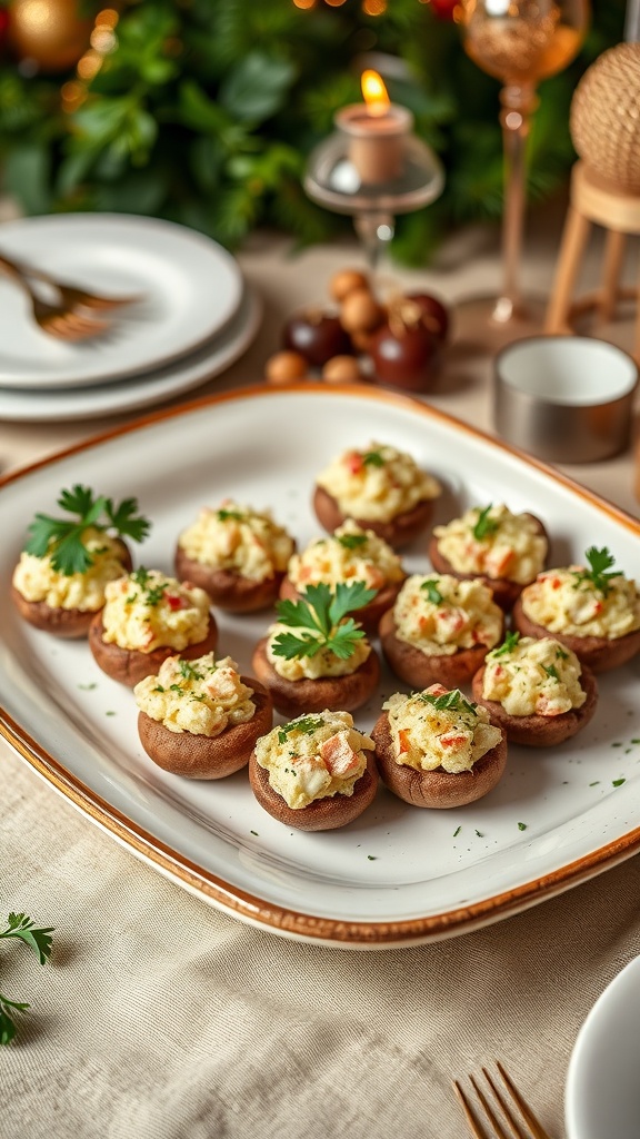 Plate of crab-stuffed mushrooms garnished with parsley