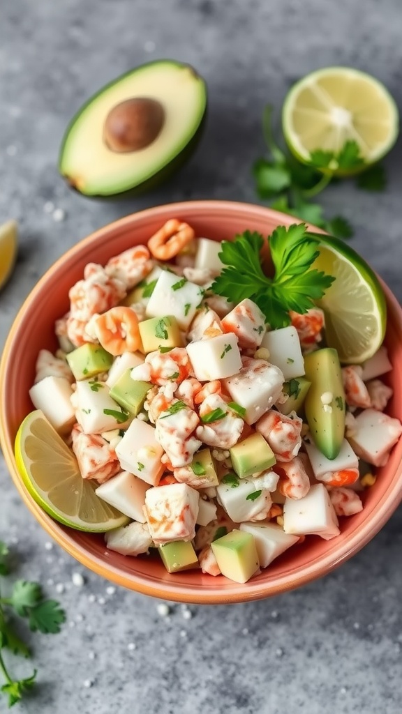 A colorful bowl of crab and avocado salad garnished with lime and cilantro.