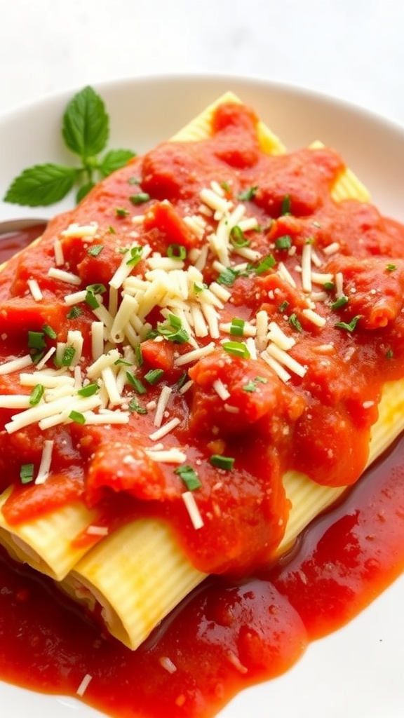 A plate of crab and cheese stuffed manicotti topped with marinara sauce and cheese