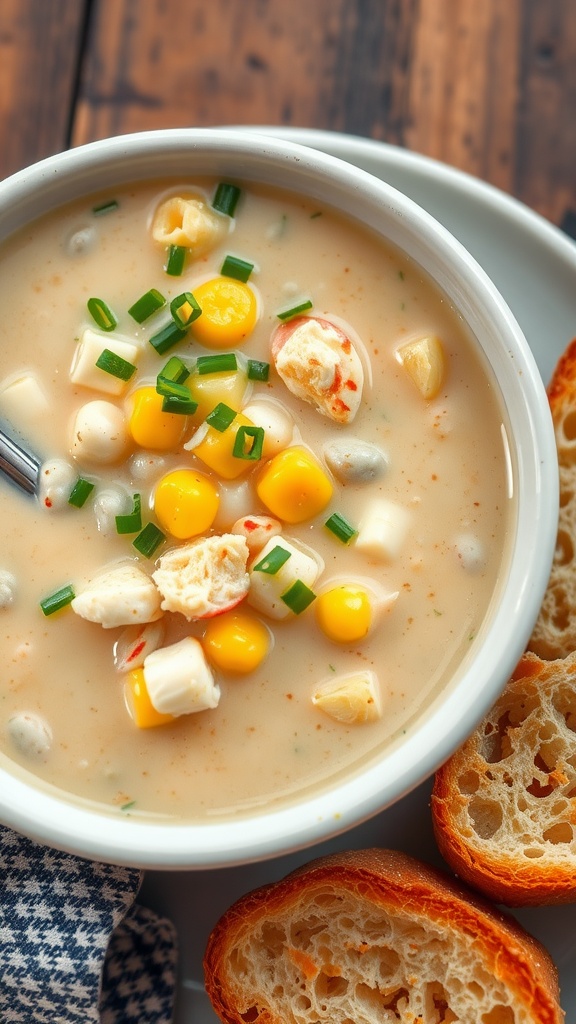 A warm bowl of crab and corn chowder, garnished with chives and served with crusty bread.