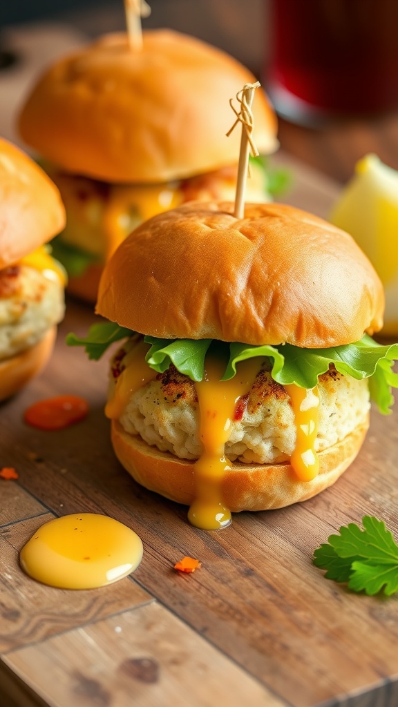 Delicious crab cake sliders with sauce and lettuce