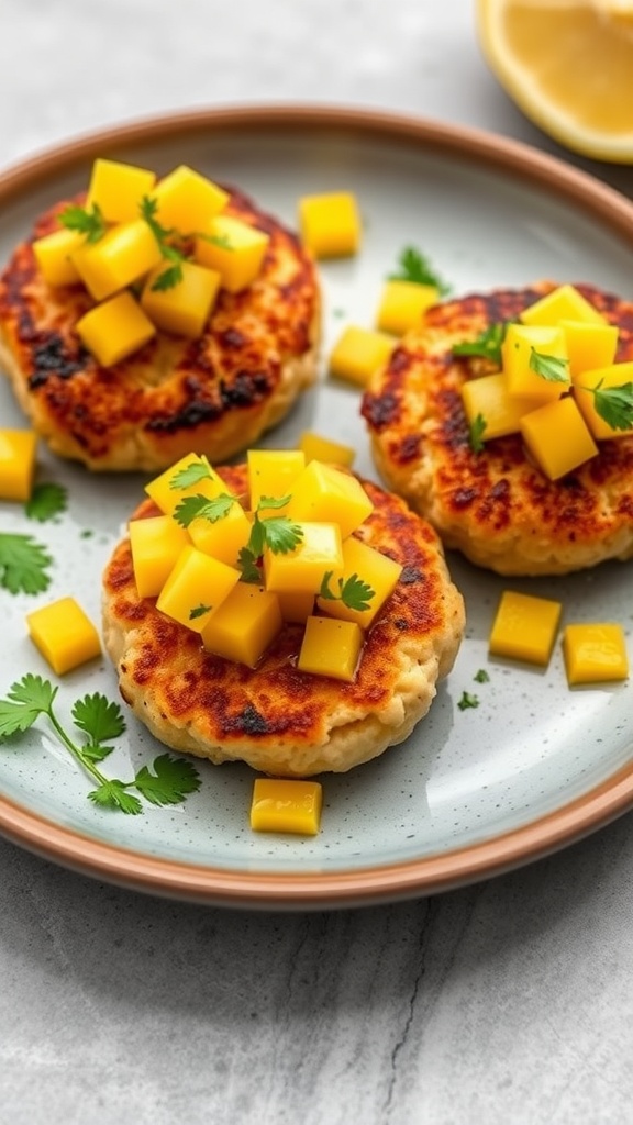 Delicious crab cakes topped with fresh mango salsa and garnished with cilantro.
