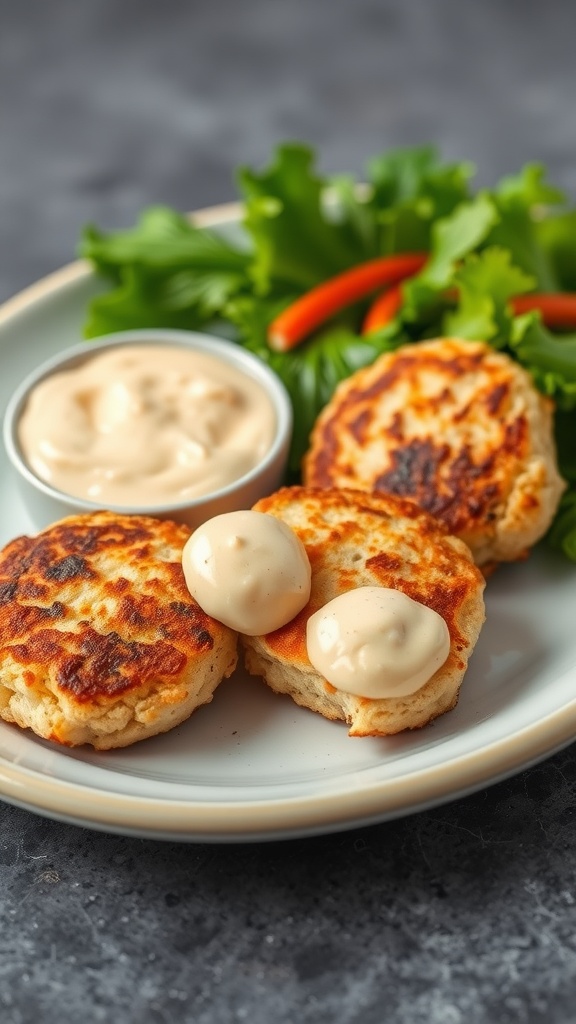 Crab cakes with remoulade sauce served on a plate with greens.