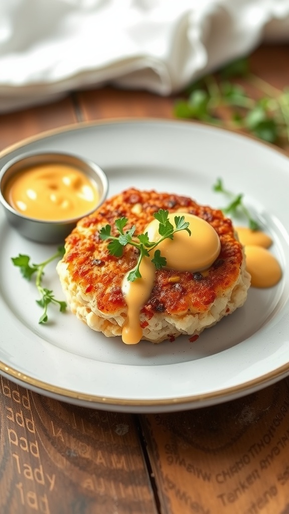 Delicious crab cakes served with spicy remoulade sauce on a plate.