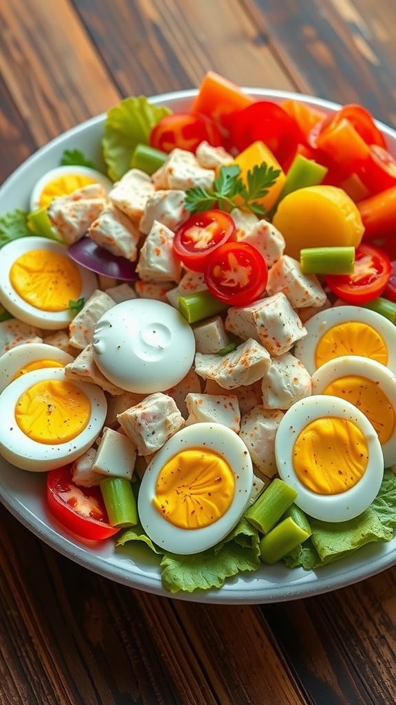 A colorful Crab Louie Salad with crab meat, hard-boiled eggs, and fresh vegetables.