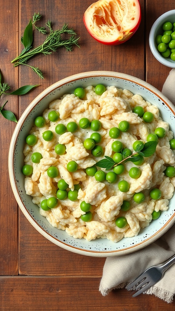 A bowl of creamy crab risotto topped with fresh green peas and herbs.