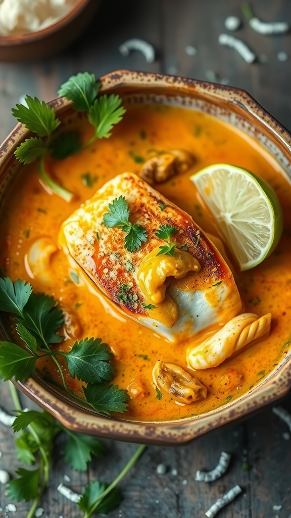 A bowl of creamy coconut curry fish with lime wedges and cilantro.