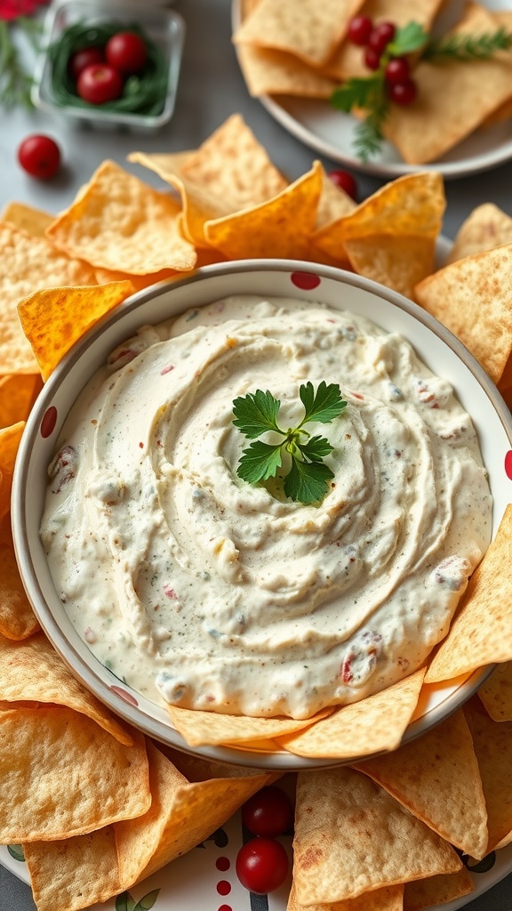 Creamy crab dip served in a bowl with tortilla chips on the side.