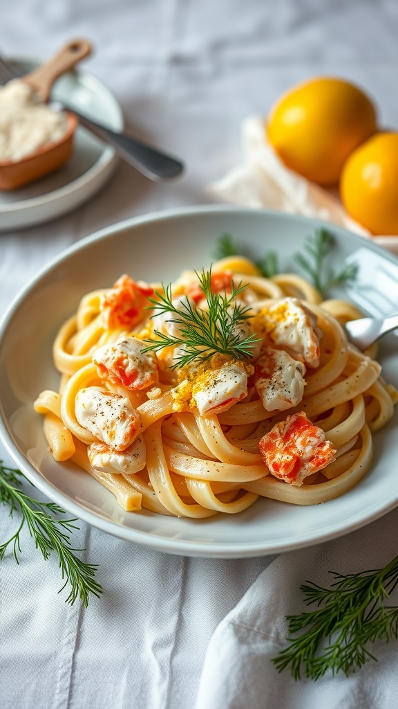 A plate of creamy crab pasta garnished with dill and lemon zest.