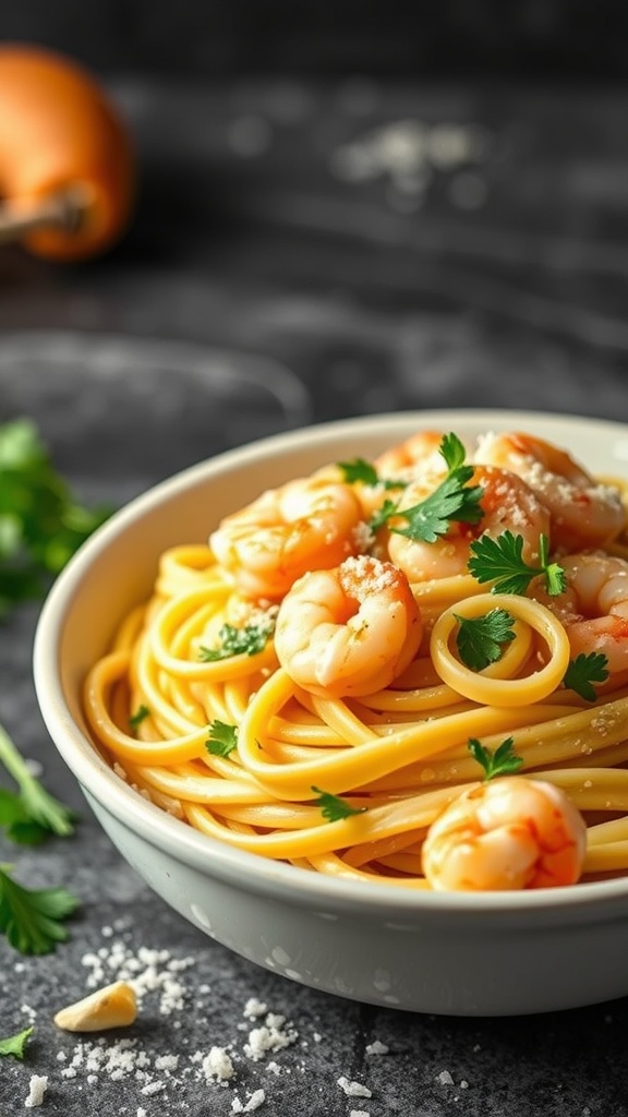 A bowl of creamy garlic butter shrimp pasta garnished with parsley