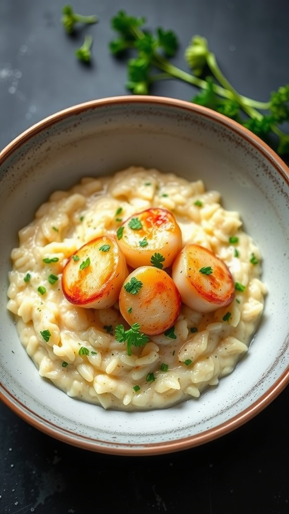 A bowl of creamy Parmesan scallop risotto topped with seared scallops and fresh parsley.
