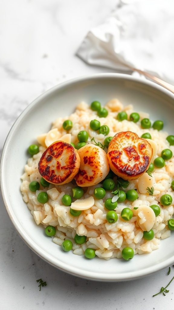 Creamy Scallop Risotto with Peas served in a bowl