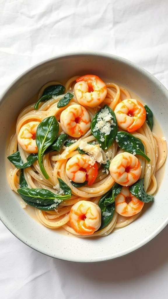 A bowl of creamy shrimp pasta with spinach and a sprinkle of Parmesan cheese.