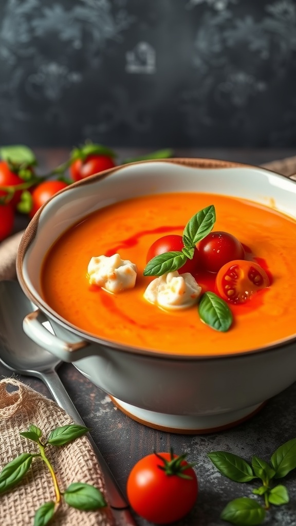 Creamy Tomato Lobster Bisque served in a bowl with fresh basil and tomatoes