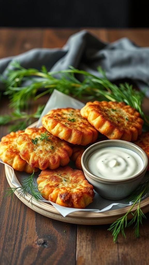 Crispy catfish fritters served on a wooden plate with a creamy dill sauce.