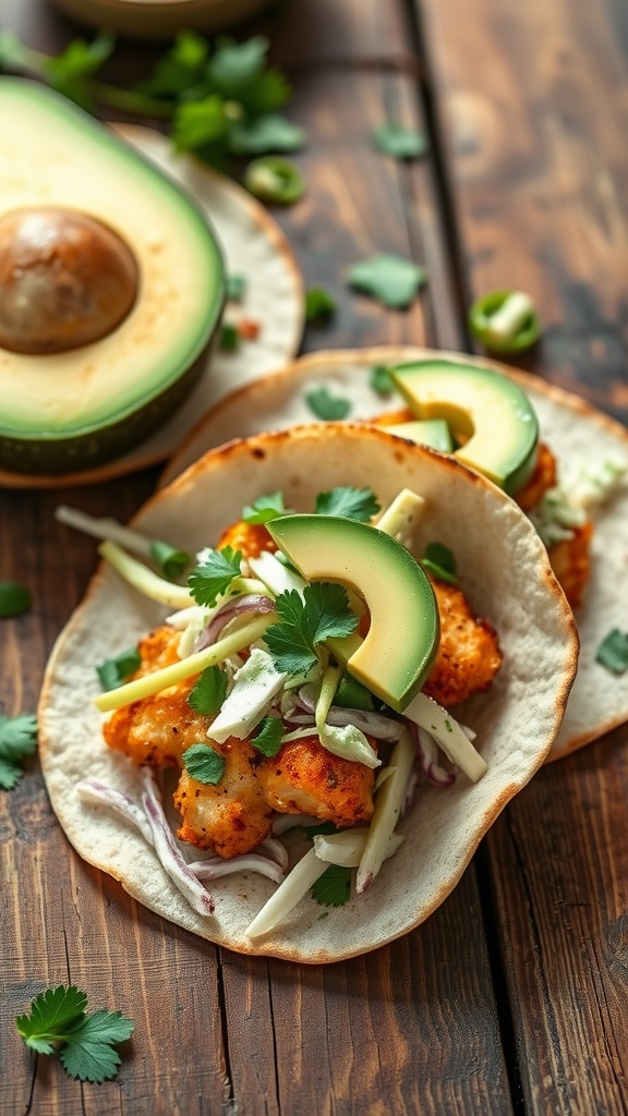 Delicious crispy catfish tacos with cilantro lime slaw and avocado slices