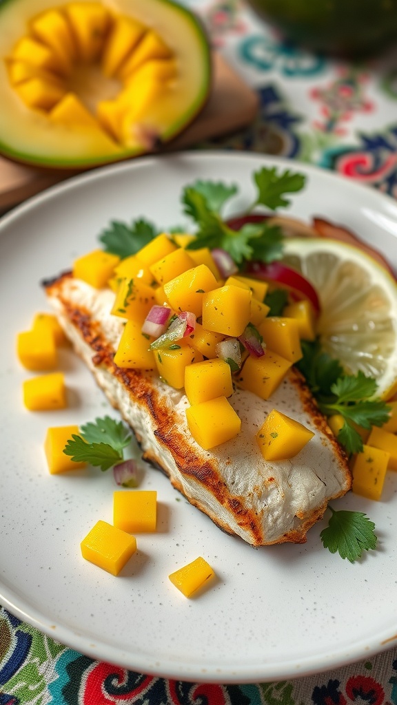 A delicious plate of crispy coconut cod topped with fresh mango salsa, garnished with cilantro and lime.
