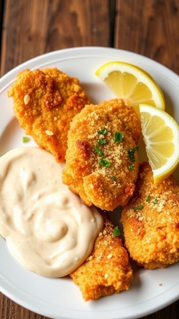 Delicious crispy cornmeal catfish fillets on a plate with remoulade sauce and lemon.