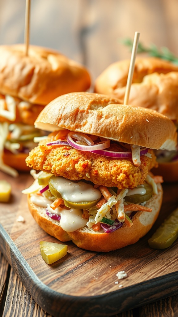 A delicious crispy fish sandwich with coleslaw and pickles on a wooden board.