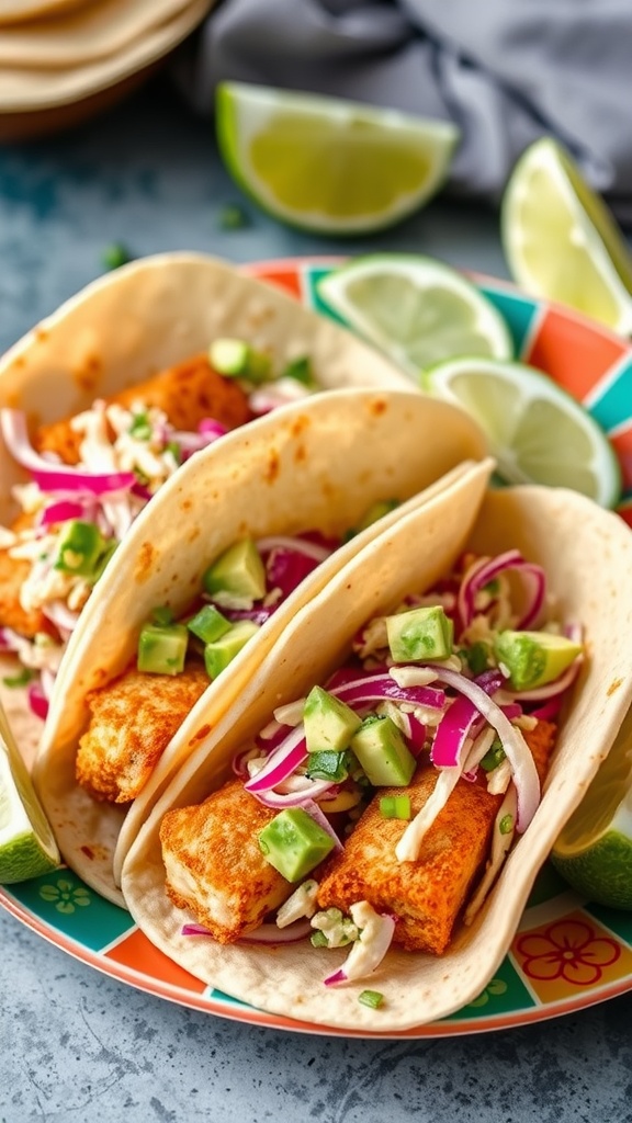 Crispy fish tacos with fresh toppings on a colorful plate.