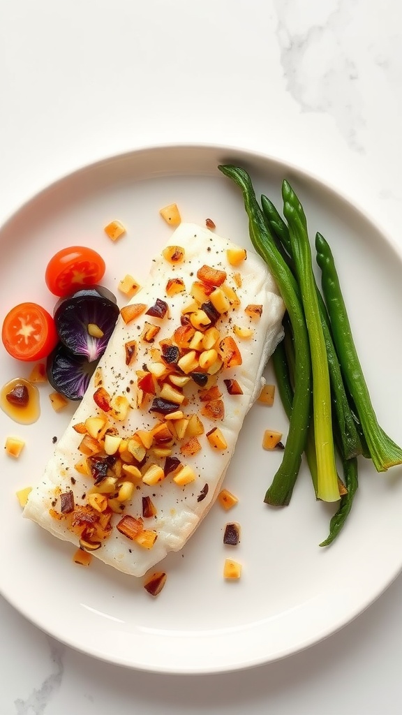 Baked cod with crispy garlic shallots and fresh vegetables.
