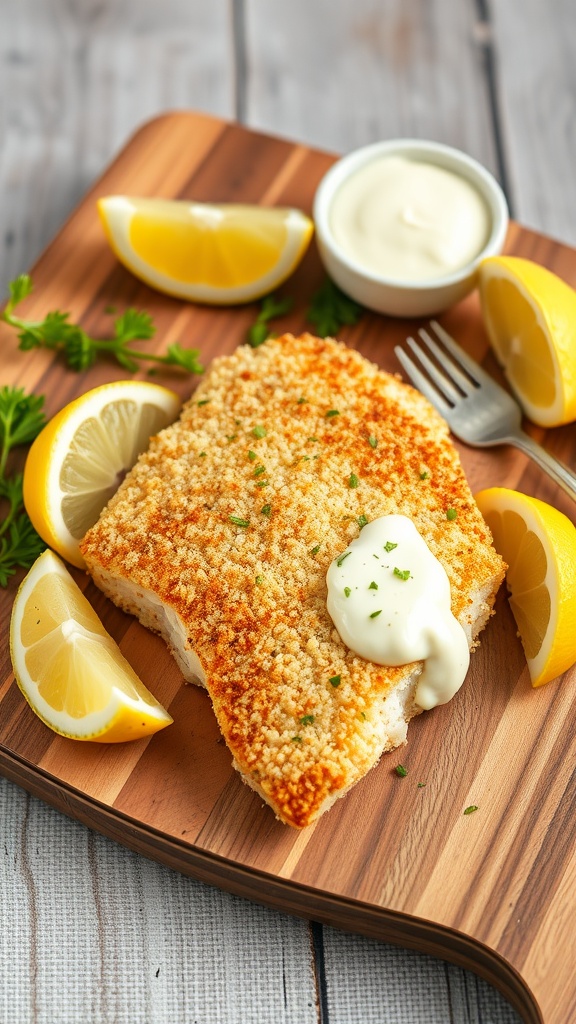 A plate of crispy panko-crusted cod garnished with lemon wedges.