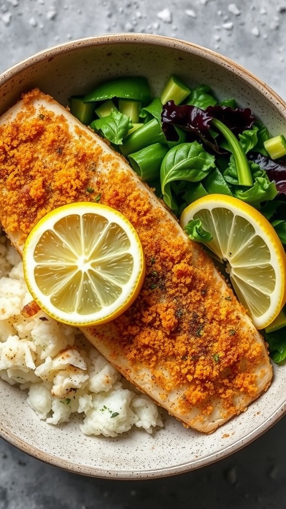 Crispy Panko Crusted Sole with lemon and fresh greens