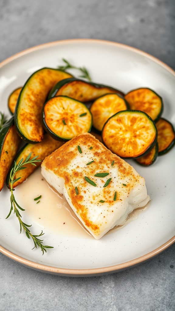 A plate of crispy parmesan zucchini and cod garnished with herbs.