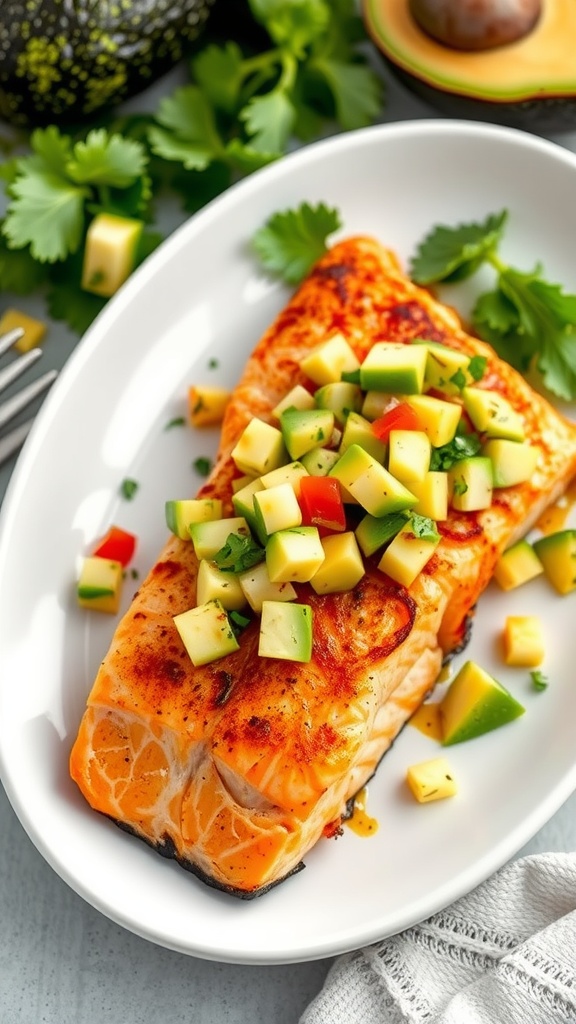 A plate of crispy skin salmon topped with diced avocado salsa, served with fresh herbs.