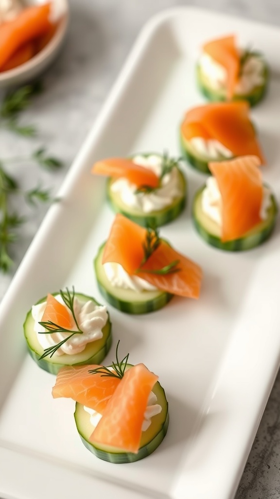 Cucumber and cream cheese canapés topped with smoked salmon