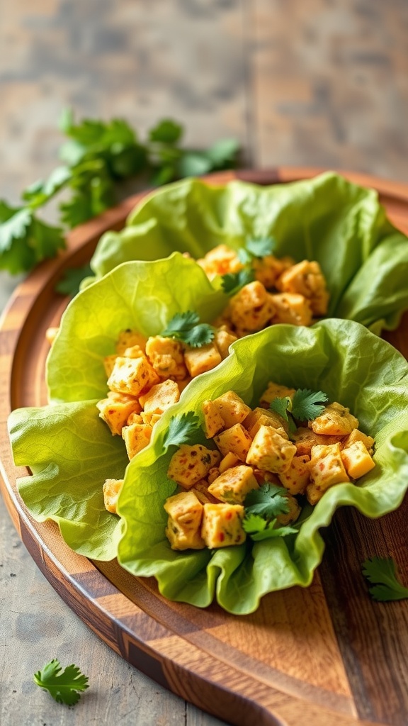 Curry Tuna Salad Lettuce Wraps served on a wooden platter with fresh cilantro