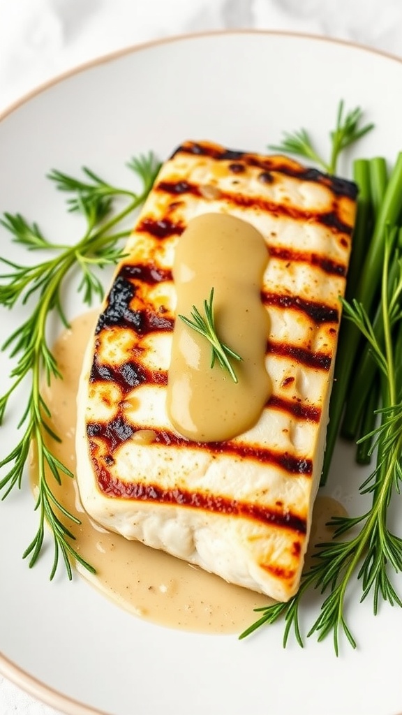 Dijon Dill Grilled Halibut on a plate