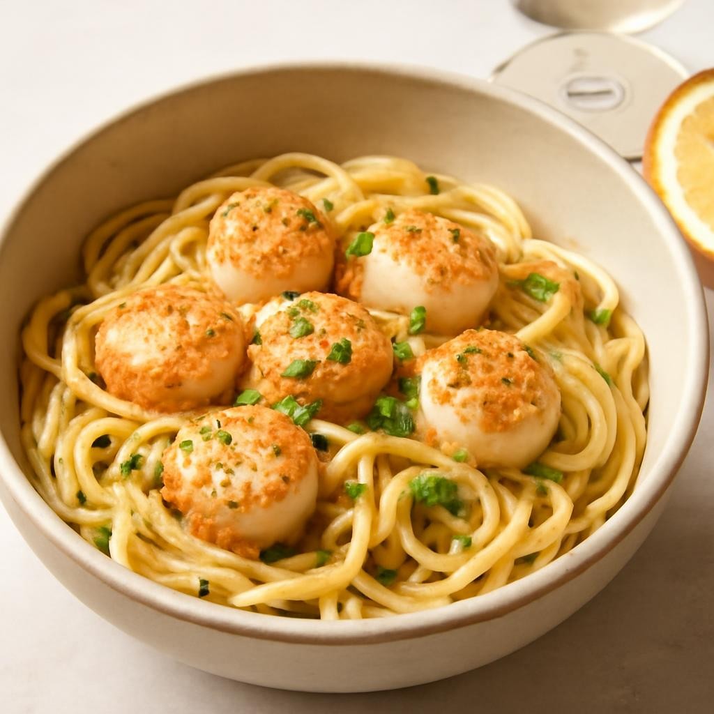 Scallop pasta with garlic and white wine