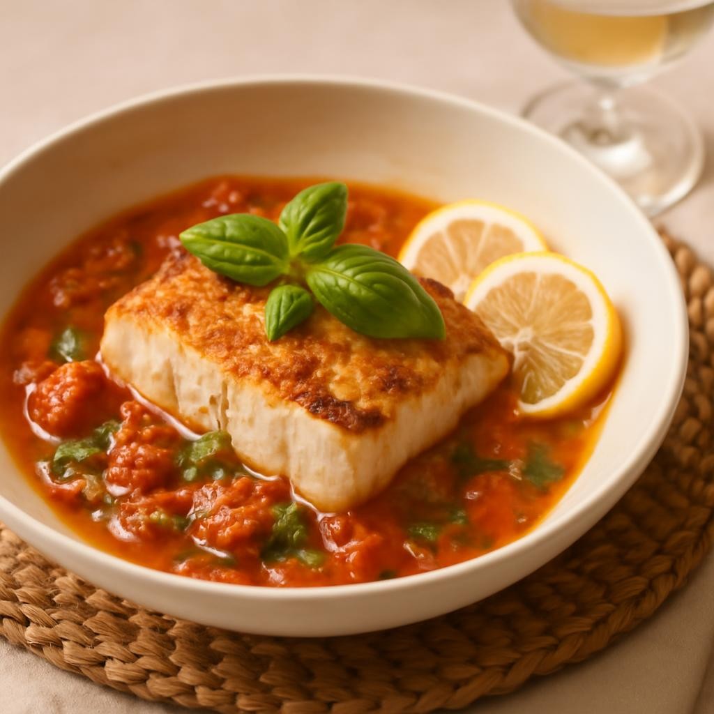 Seared Cod in White Wine Tomato Basil Sauce